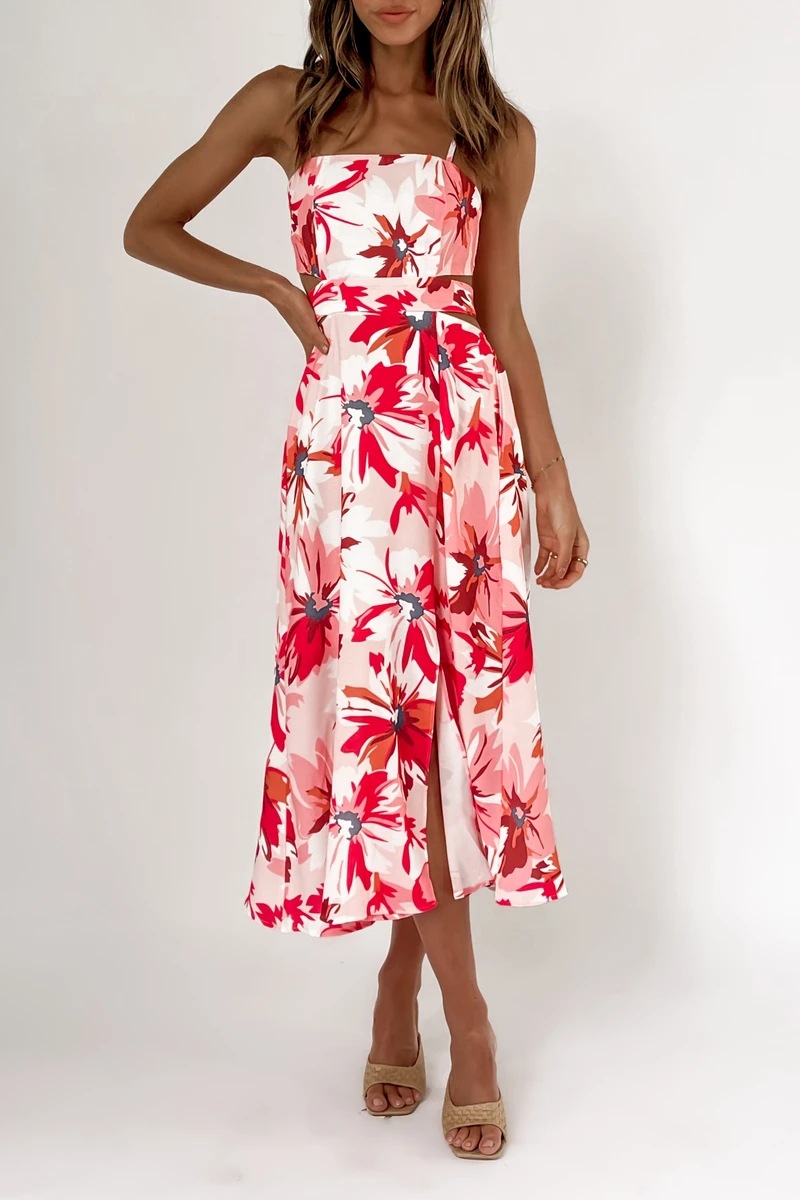 summer red floral print wrapped chest slit dress  NSCXY120969