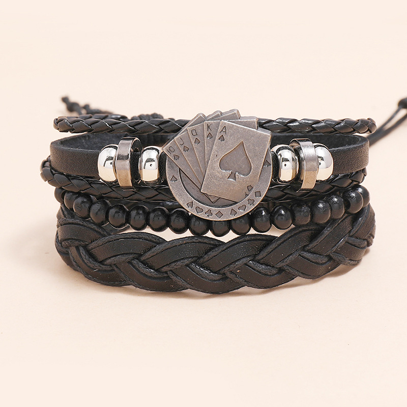 retro playing card pattern woven leather bracelet