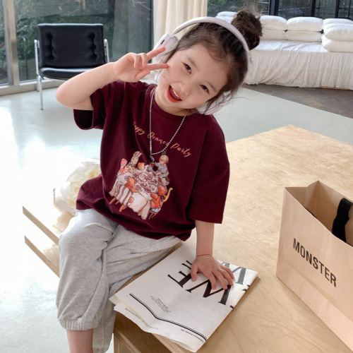 Children's cotton short-sleeved T-shirts for small and medium-sized children, trendy boys' summer Korean half-sleeved printed tops for girls, new children's clothing