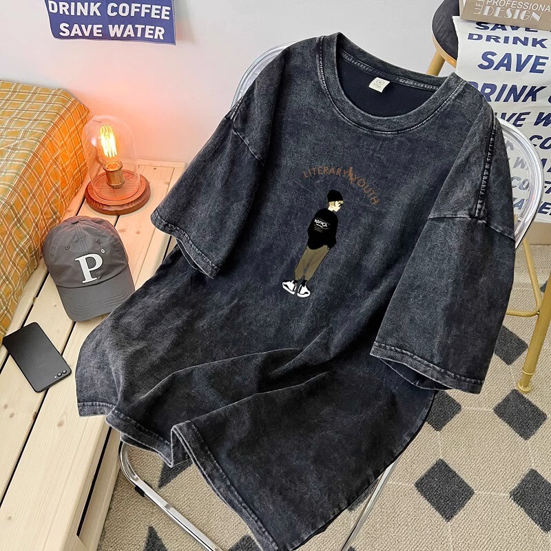 American-style Washed Men's Short-sleeved T-shirt Summer Pure Cotton Vintage Dressed Couple's Top Ins Hip-hop Half-sleeved T-shirt