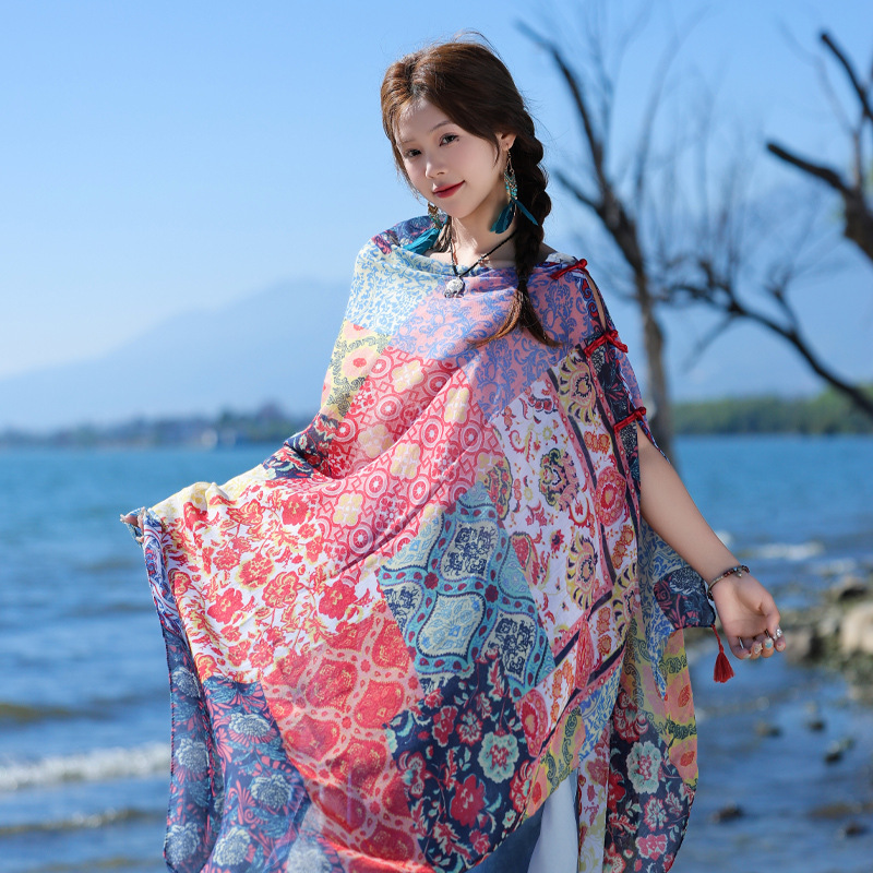Ethnic Style Printed Buckle Shawl Women's New Summer Versatile Sun Protection Shawl Cloak Travel Photo Silk Scarf