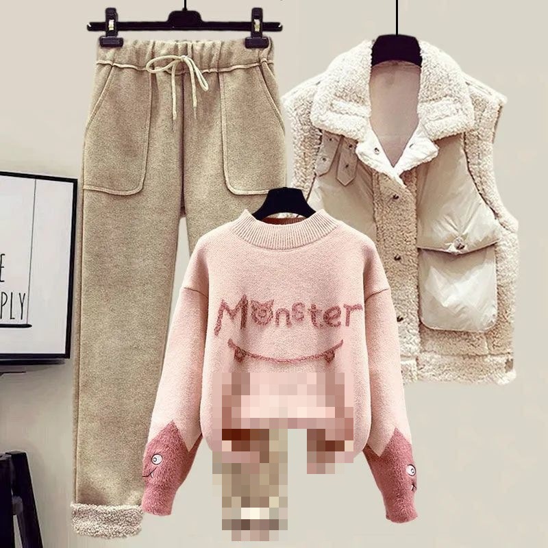 ChicShe Plus Size Damen Herbst/Winter Anzug, dreiteiliges Set aus neuer Lammwolle, bestehend aus Weste, figurformendem Strickpullover und Freizeithose_voghion.com