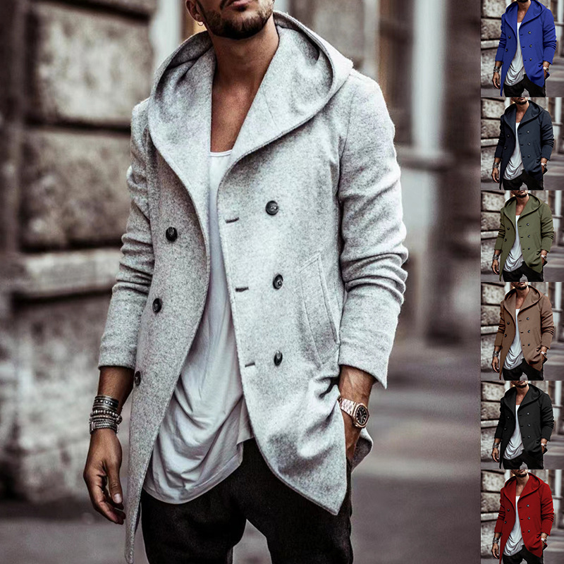 아마존 유럽과 미국의 가을 겨울 남자 토양 코트 중간 길이 옷깃 후드 복합 공간 면 더블 브레스트 캐주얼 코트