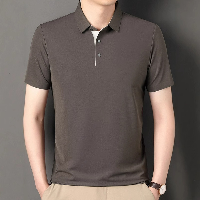 Summer Men's Ice Silk Short-Sleeved Refreshing Breathable Loose Business Casual Middle-Aged Dad's Pure Color Top Polo Shirt