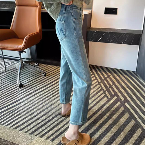 The Same Style Summer High-Waisted Straight Leg Denim for Women in Plus Size is Slim-Fitting and Versatile, with a 9-Inch Length.