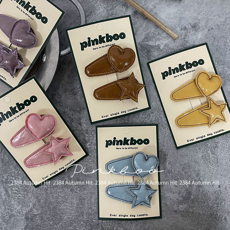 新款韩版秋季皮质爱心发夹儿童对装侧边碎发刘海夹甜美五角星发饰|undefined