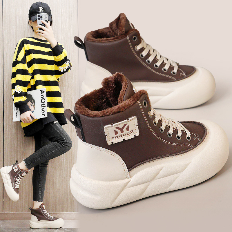 G3509 New New Autumn Winter Thick-Soled Women's Cotton Shoes Color-Block High-Top Warm Fleece Height-Increasing Simple_voghion.com
