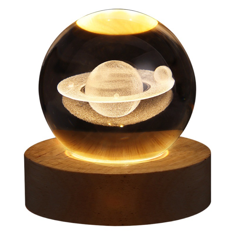 Base de madera tallado en 3D planeta luminoso Saturno luna luz de bola de cristal decoración de regalo creativo estudiante de junio
