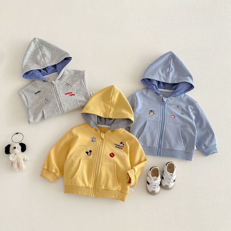Boys' Fashion Jacket 2026 New Spring Stylish Korean-Style Hooded Plaid Top Children's Zip-Up Trendy Coat