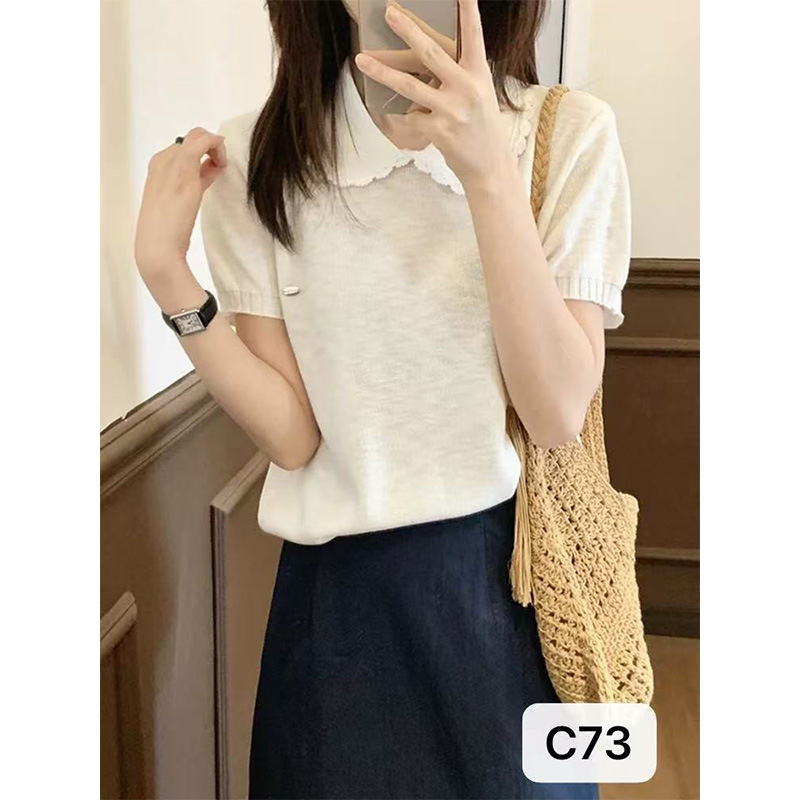 Lady Young Sweet Girl Women's Knitted Polo Shirt Short Sleeve T-Shirt Elasticity, High-Quality, High-Quality, Breathable and Cool Silk