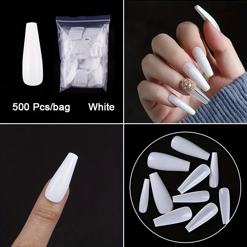 Foreign trade cross-border 500 long ballet white coffin fake nails ballet shape glossy fake nails DIY nail bag