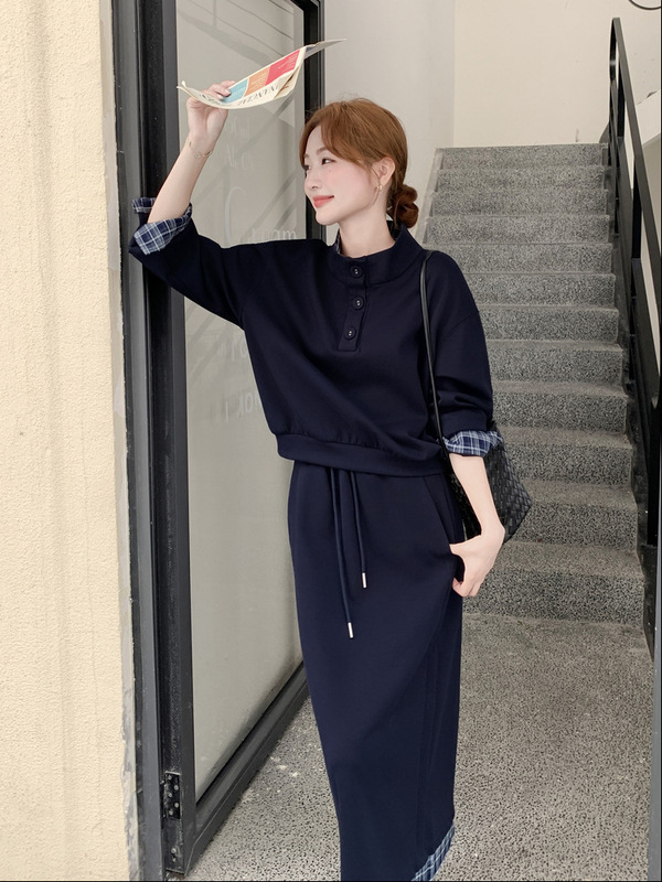 藏青色轻熟风时尚立领卫衣套装女秋新款休闲显瘦气质半身裙两件套|undefined