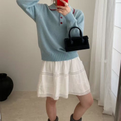 高级感韩系撞色翻领系扣套头针织衫女秋冬季宽松软糯减龄百搭毛衣