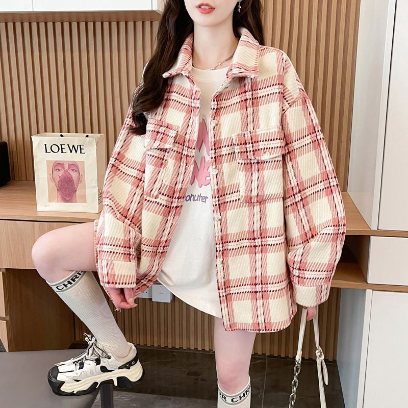Brushed Plaid Shirt Jacket Women's Top Spring & Fall Plus Size Foreign Style Loose Lazy Style Jacket Customized for Men and Women