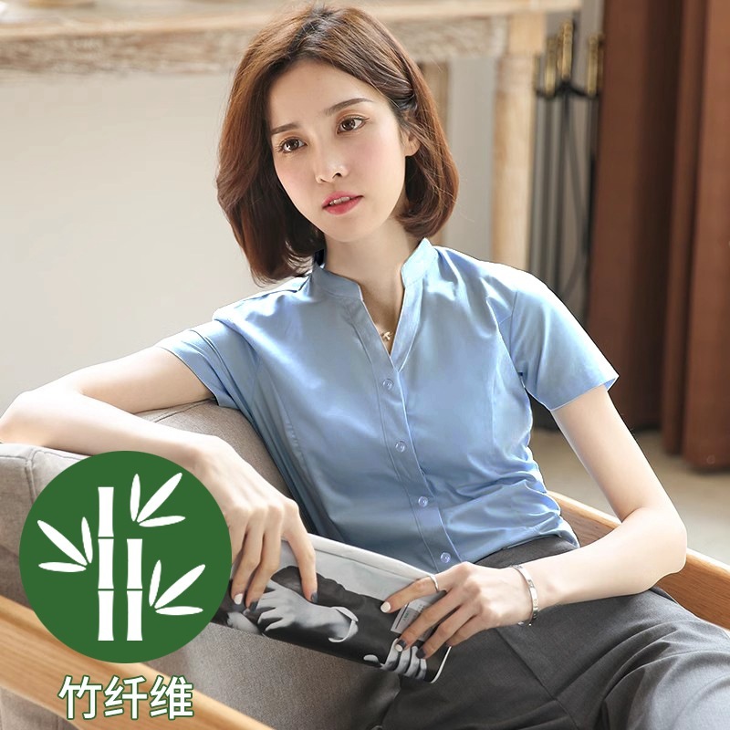 プロシャツレディース半袖Vネック竹繊維白シャツレディースハイエンド面接フォーマル作業服夏|undefined