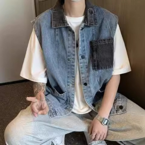 American Style Retro Color Matching Denim Vest Jacket Men's Spring Wear Korean Style Loose Straight Sleeveless Outer Jacket Trendy Jacket