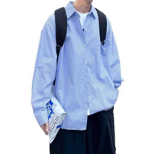 Blue Striped Shirt Men's Long Sleeve Summer Thin Shirt Japanese Cool Style Design Sense Minority Hong Kong Style Outerwear Trend