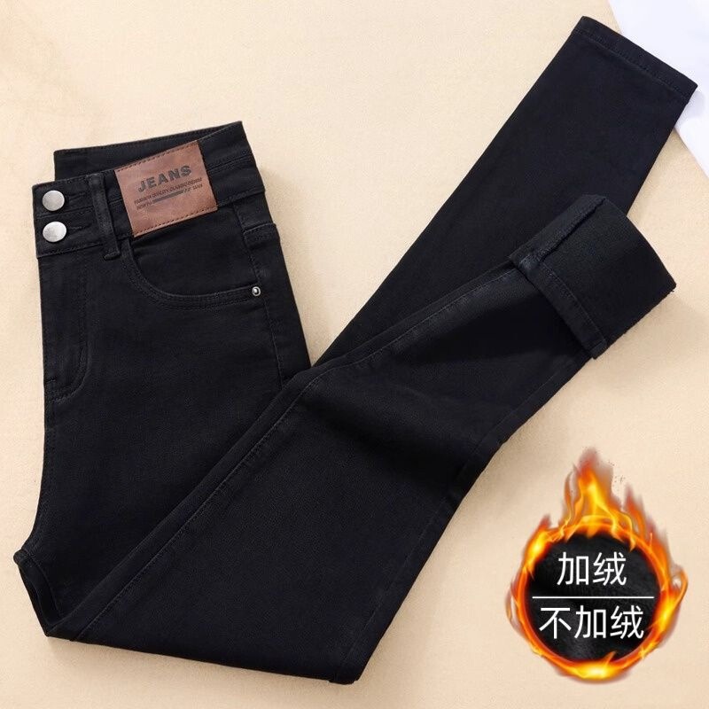 Super High-Waisted Skinny Jeans for Women, Autumn/Winter 2025 New Style, Thick Fleece, Slimming, Fitted, Black, Fleece-Lined, Skinny Pencil Pants