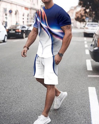  Summer New Men's Casual Shorts and T-shirts Two-Piece Set Printed Youth Sports T-shirt Outfit