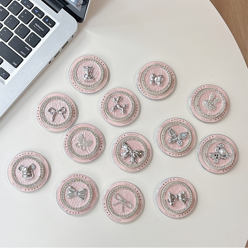 Pink Magnetic Electroplated Bear Bow Tie Puppy Rabbit Mobile Phone Airbag Holder Suitable for Magsafe Telescopic Creative