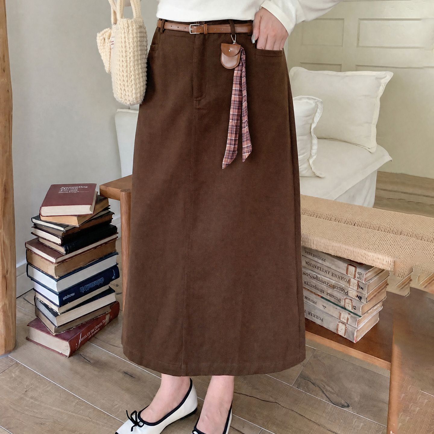 Zhixuan Plus Size Women's High-Waisted Slimming Skirt 2026 Autumn Artistic Ribbon Decorated Draped A-Line Skirt 315323