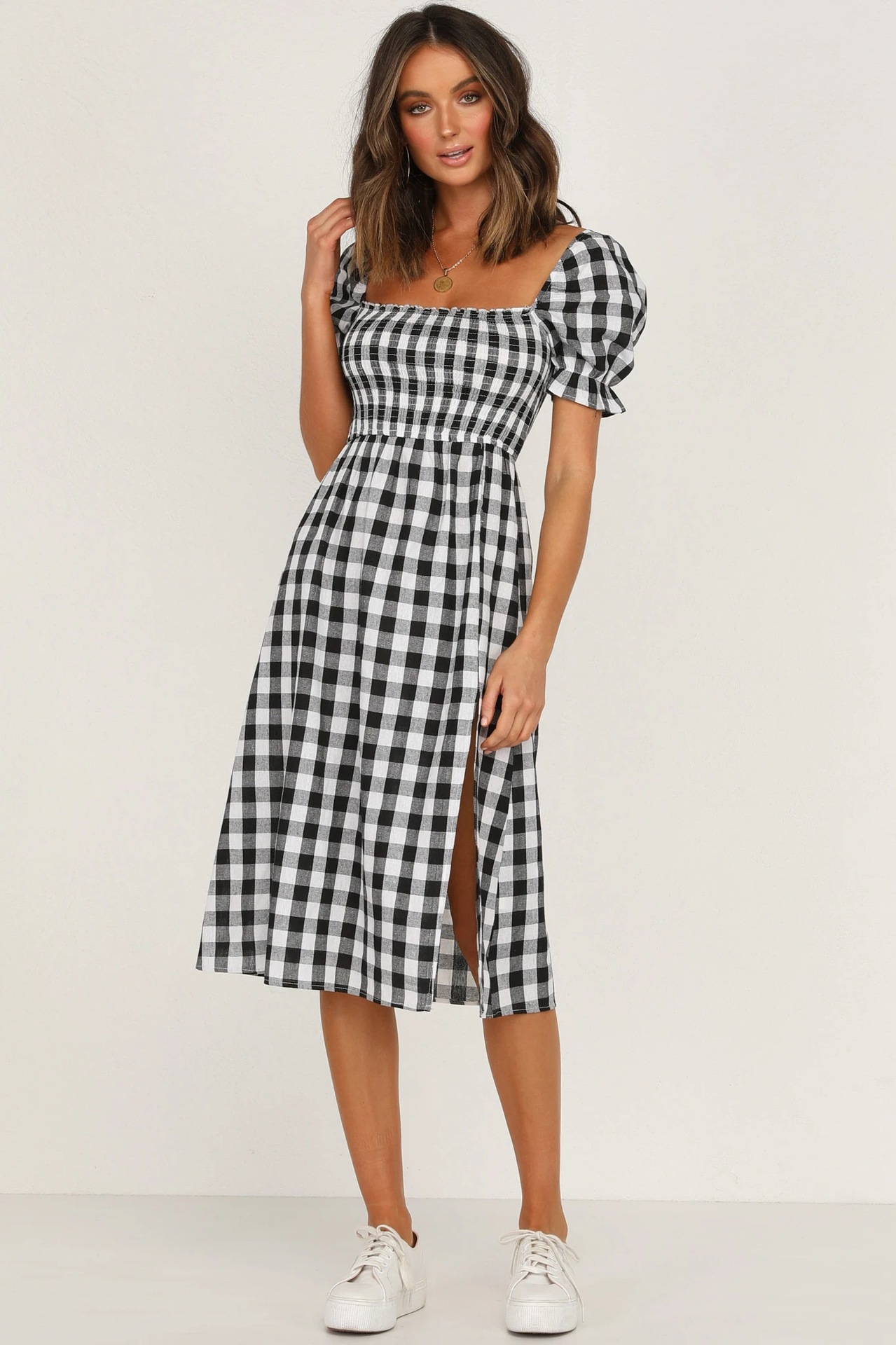 new sexy square collar plaid short sleeve side slit dress  NSYD36511