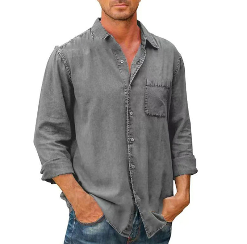 2022 Amazon nueva camisa de otoño para hombre solapa bolsillo de color sólido camisa de un solo pecho camisa de manga larga para hombre