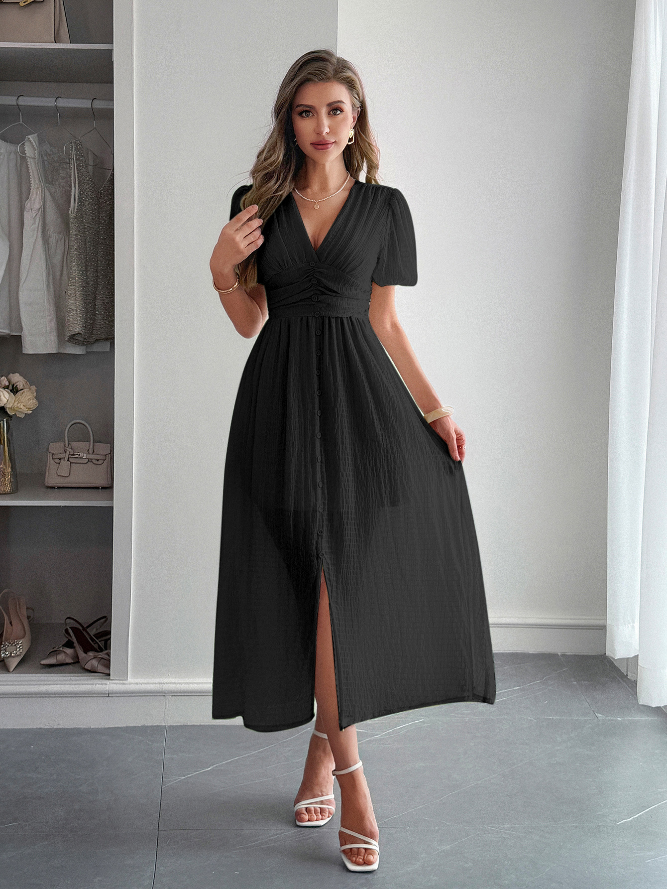 327g Weight Midi Dress Dress Length Type Short Sleeve Sleeve Length Sheath Dress Dresses Type Polyester Fabric Type Mid Waist Waist Line Casual, Daily Occasion V Neck Neckline Slim Fit Type Solid Color Pattern Summer Season Women's Gender Vacation Style Wholesale Women's Vacation Solid Color Casual Daily V Neck Short Sleeve Sheath Dress 3