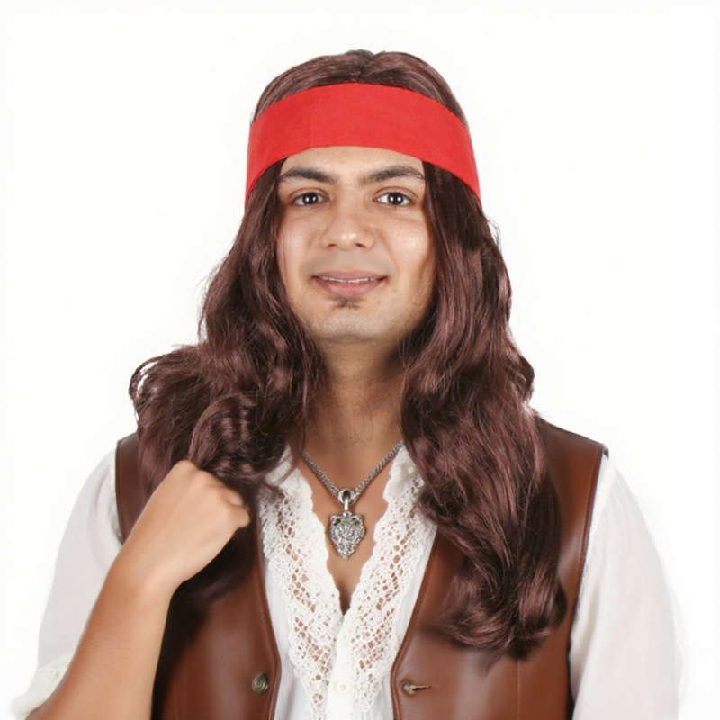European and American Foreign Trade Brown Long Curly Hair with Red Headband Long Men's Wig Rock Party Stage Prop