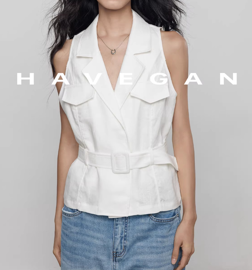 Áo vest blazer nữ không tay cổ vest chất liệu linen phong cách old money — màu trắng, Tên chi tiết 3