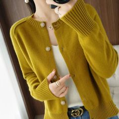Round neck fashionable knitted small fragrance sweater cardigan knit sweater solid color small jacket versatile outside wear