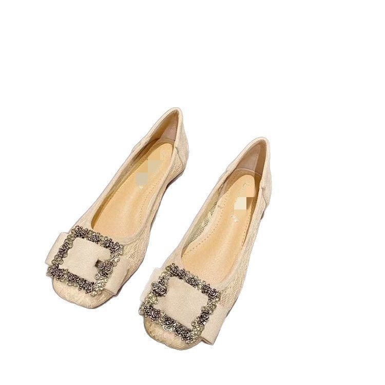Zapatos de malla de encaje transpirables para mujeres 2026 verano superficial cabeza cuadrada de diamante para mujeres zapatos de suela suave zapatos de frijol