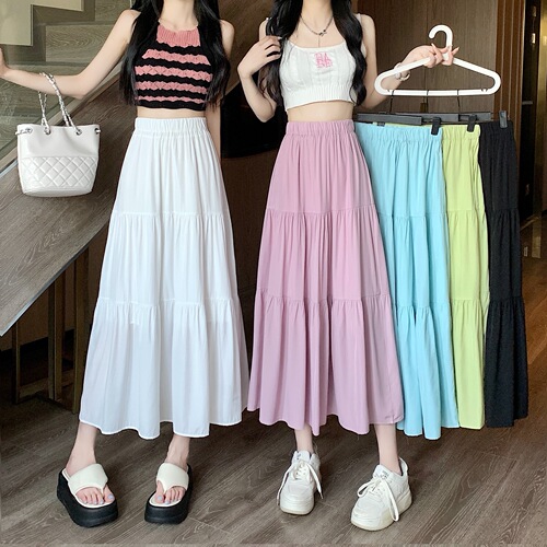 White High-Waist Tiered Cake Dress for Women - Summer Thin Version Plus Size Slimming Skirt for Plus-Size Women - Medium Length Pear Shape A-Line Skirt