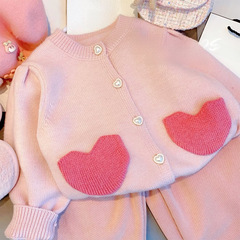 Women's Cardigan Sweater Coat 2023 Autumn Style Korean Children's Fashion Cute and Sweet Pink Heart Knit Sweater