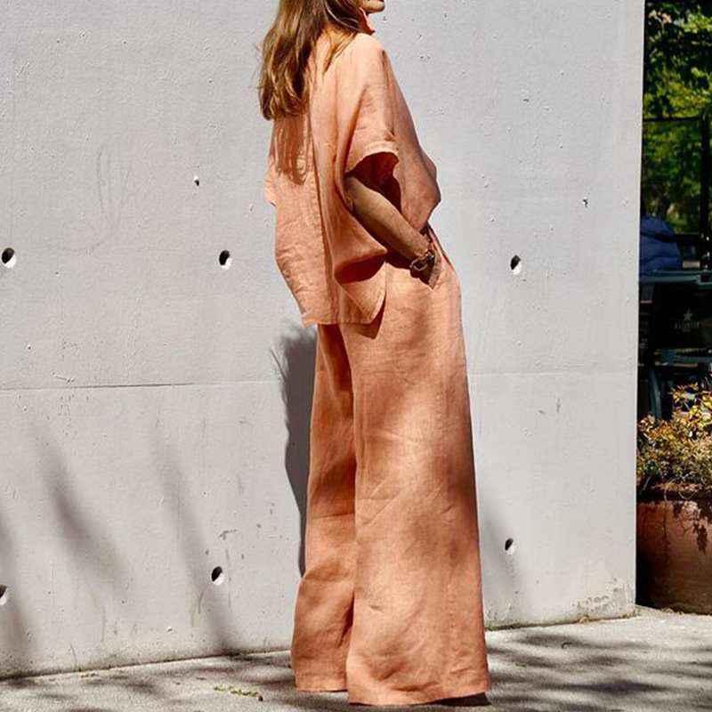 Women's Clothing 2024 Spring and Summer New Ladies Fashion Temperament Solid Color Loose Cotton and Linen Lapel Two piece Set_voghion.com