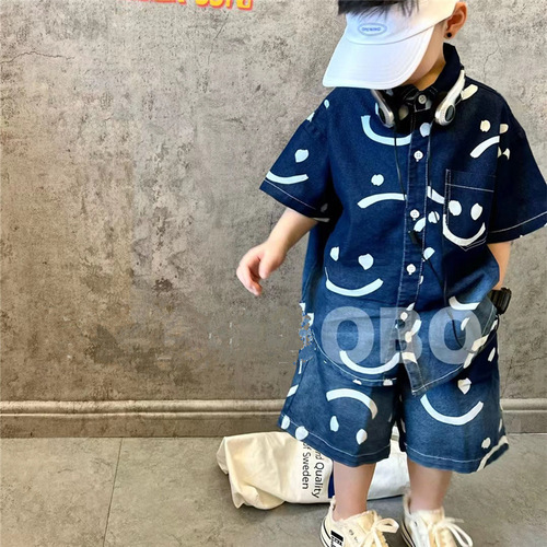 Mengkesu children's denim short-sleeved shirt 2024 summer new boys' denim suit baby shirt top