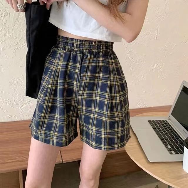 美式复古阔腿短裤女夏季薄款宽松潮休闲运动直筒百搭格子裤新款