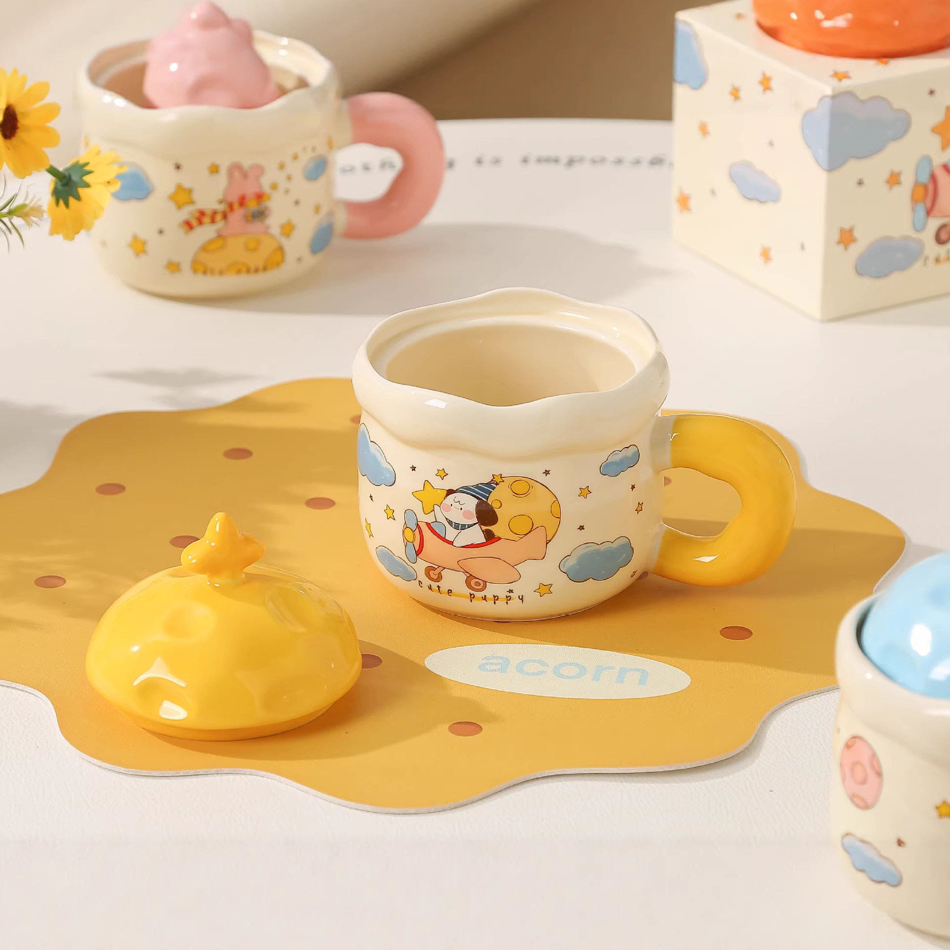 Copa de cerámica encantadora de dibujos animados planetas tazas con cubierta de cumpleaños para regalar tazas de agua de chicas regalo de mano tazas de oficina image 5