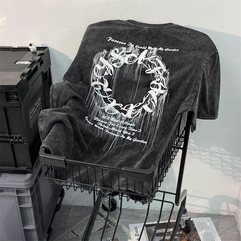 European and American Hiphop Trendy Brand Distressed Short-Sleeved T-Shirt Women's Large Size Loose Oversize Washed Black Printed Tops