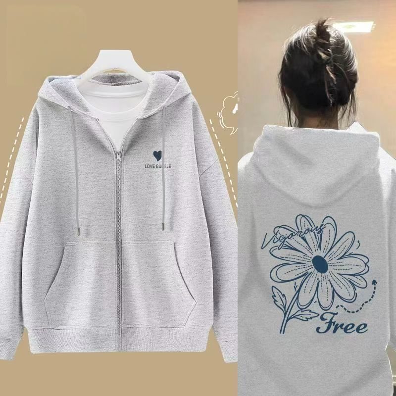 后背花朵字母连帽开衫男女温柔慵懒风宽松显瘦长袖休闲卫衣外套