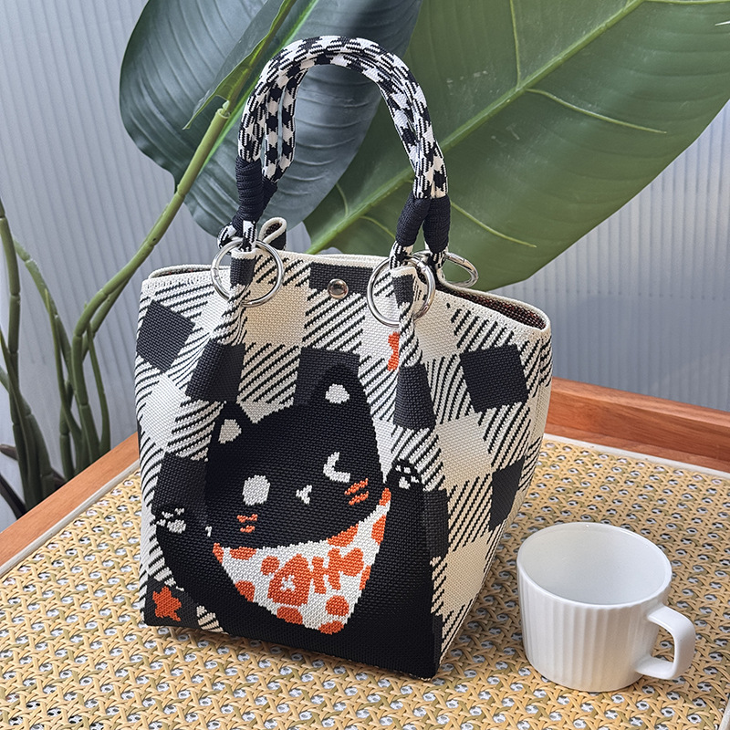 ニットハンドバッグ、ニッチデザインバケットバッグ、トートバッグ、ハンドバッグ、カジュアルで多用途なショルダーバッグ、ニットポータブルバッグ