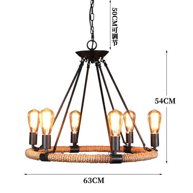 Estilo industrial retro americano loft sala de estar comedor cafetería olla caliente tienda de ropa araña de cuerda de cáñamo de hierro forjado redondo