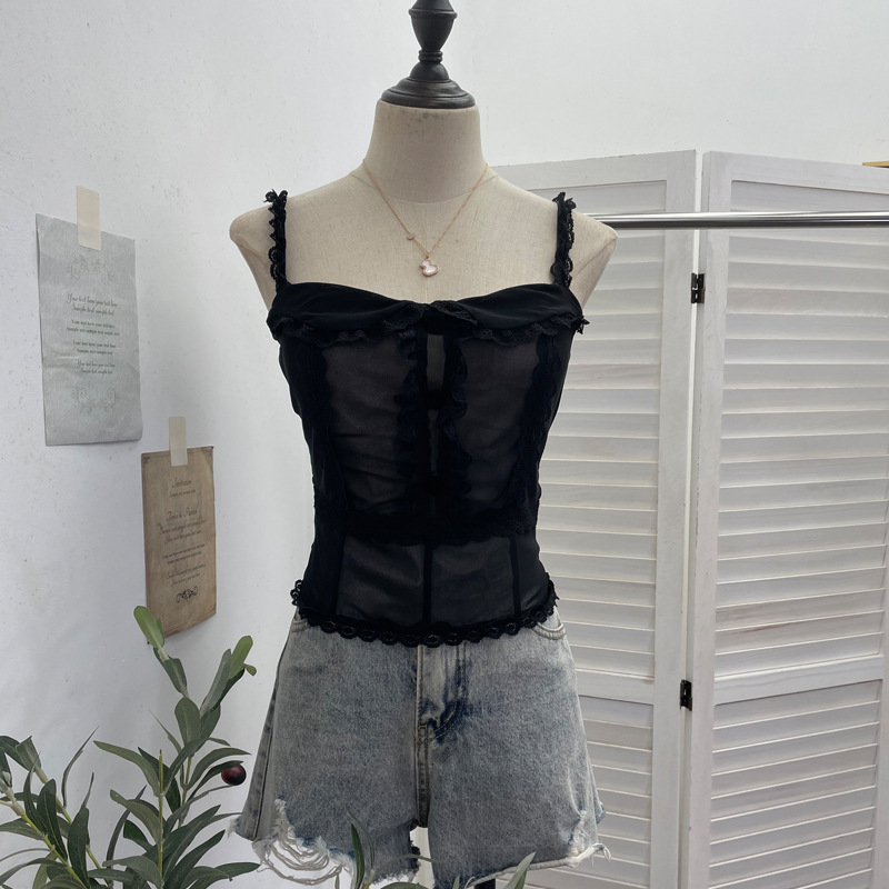 Real Shot of Doll Tie, Chest Pad, Lace Splicing Mesh Camisole, Sexy Backless Sleeveless Top 8855