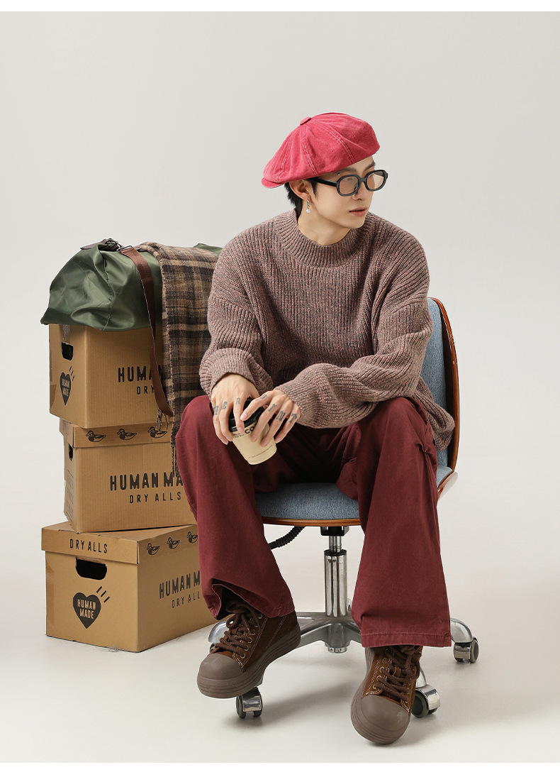 Men’s Vintage Thick Knit Half Turtleneck Sweater Texture Jacquard_voghion.com