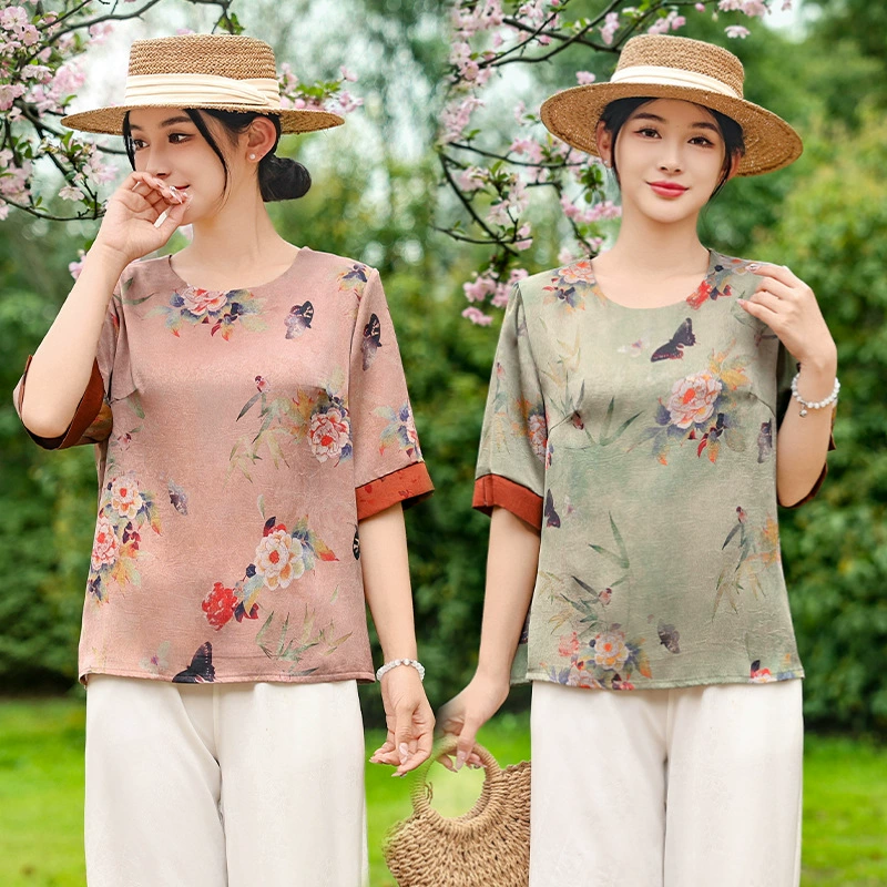 Материнская футболка с короткими рукавами в западном стиле, женская одежда среднего и пожилого возраста, летняя модная новая рубашка в китайском стиле с цветочным принтом 2025 года.