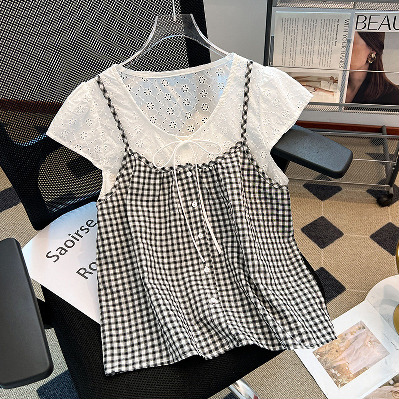 Blue Plaid Splicing Lace Shirt Right Shoulder Short Sleeve Women's 2025 Summer Large Size Fat mm Age-Reducing Shirt Doll Top