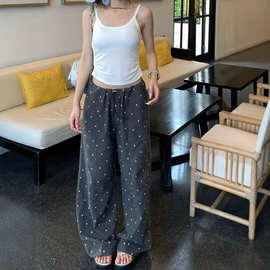 韩系ins春夏宽松休闲长裤慵懒风直筒裤提花点点高腰垂感休闲裤潮