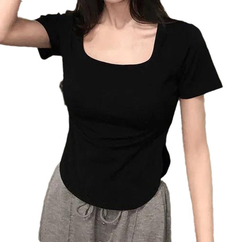Camiseta de Verano 2025, Estilo Nuevo, Pura y Sexy, con Cuello en U Grande, Estilo Picante, Ajustada, de Manga Corta Irregular para Mujer image 7