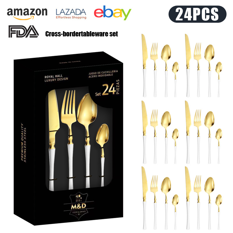 Cross-border Venta caliente de acero inoxidable vajilla traje caja de regalo cuchillo y tenedor conjunto de 24 piezas 6-Persona occidental vajilla cuchillo de carne cuchara de oro