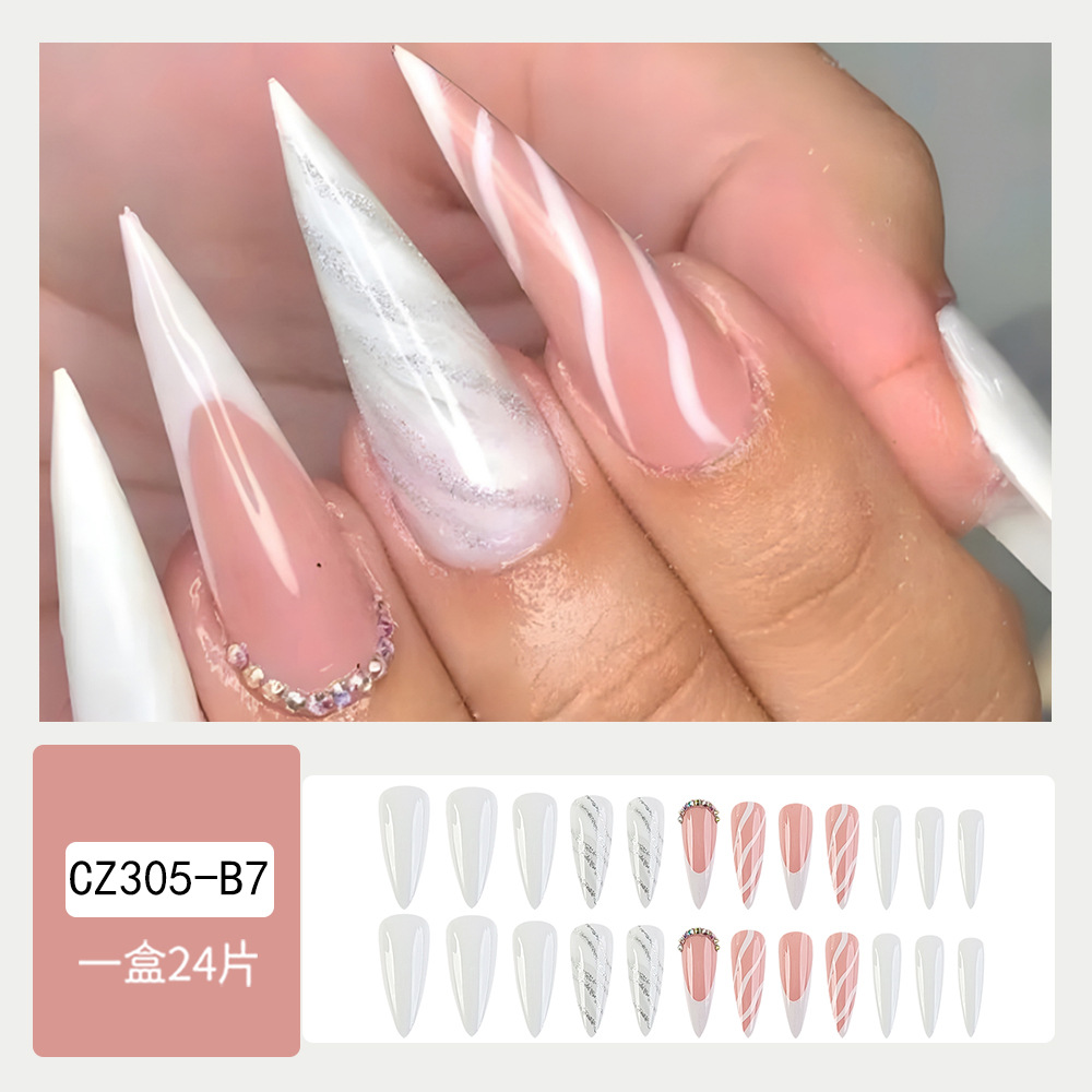 Parches de uñas postizas de moda europea y americana, parches de uñas postizas francesas a cuadros, manicura larga rosa con forma de gota de agua